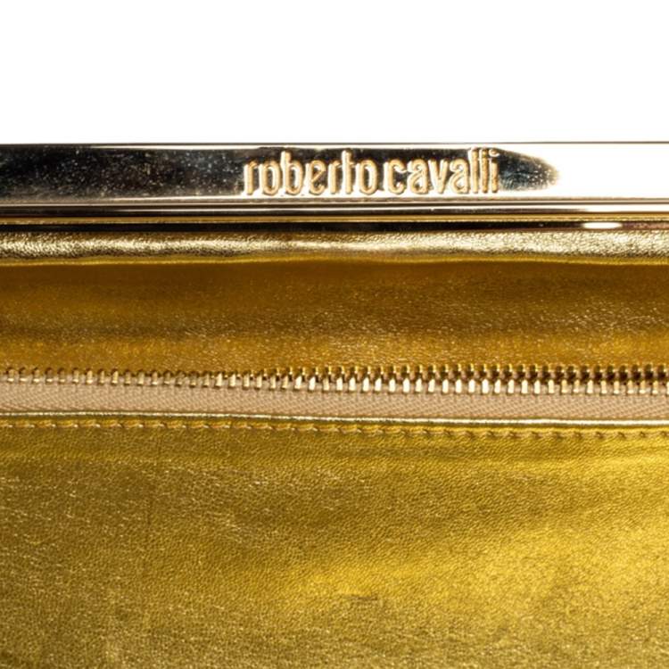 Pre Owned Roberto Cavalli Black/Brown Animal Print Satin and Patent Leather Long Clutch