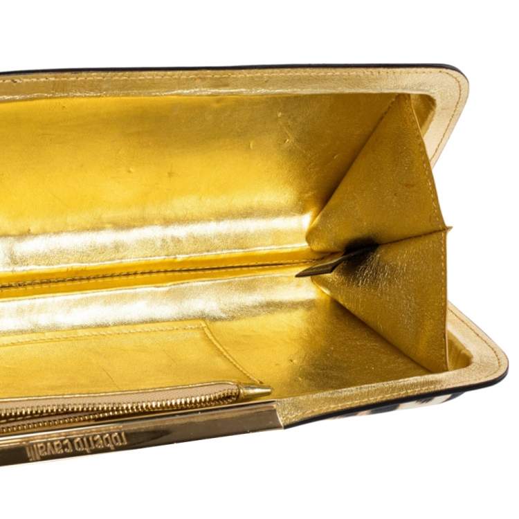 Pre Owned Roberto Cavalli Black/Brown Animal Print Satin and Patent Leather Long Clutch
