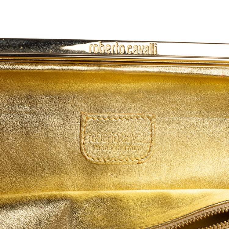 Pre Owned Roberto Cavalli Black/Brown Animal Print Satin and Patent Leather Long Clutch