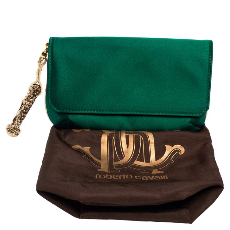 مملوكة مسبقًا Roberto Cavalli Green Satin Serpent Wristlet Clutch 