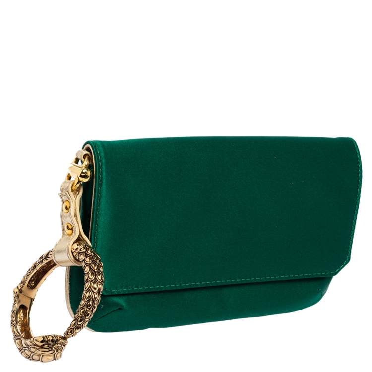 مملوكة مسبقًا Roberto Cavalli Green Satin Serpent Wristlet Clutch 