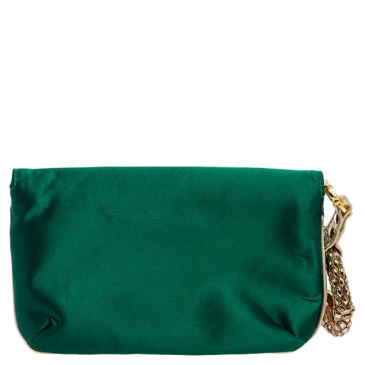 مملوكة مسبقًا Roberto Cavalli Green Satin Serpent Wristlet Clutch 