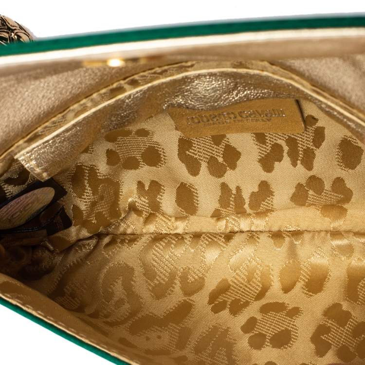 مملوكة مسبقًا Roberto Cavalli Green Satin Serpent Wristlet Clutch 
