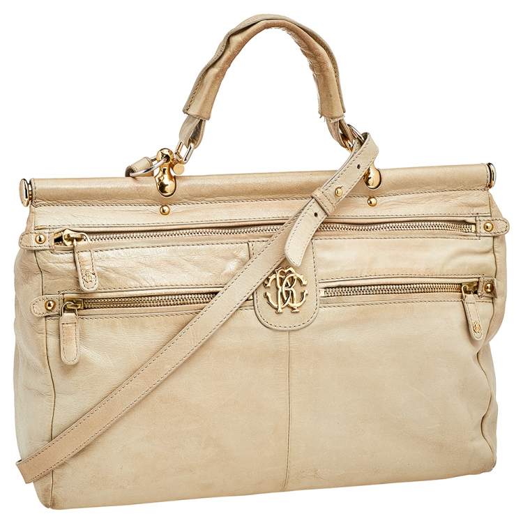 Pre Owned Roberto Cavalli Beige Leather Multiple Pocket Top Handle Bag