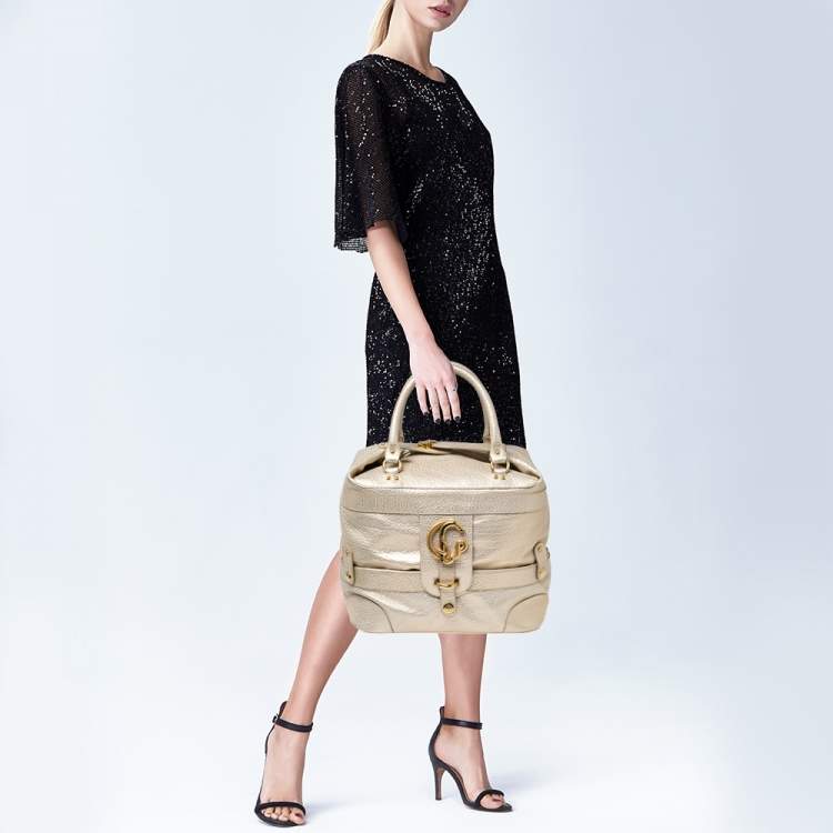 Pre Owned Roberto Cavalli Metallic Cream/Gold Leather Expandable Tote