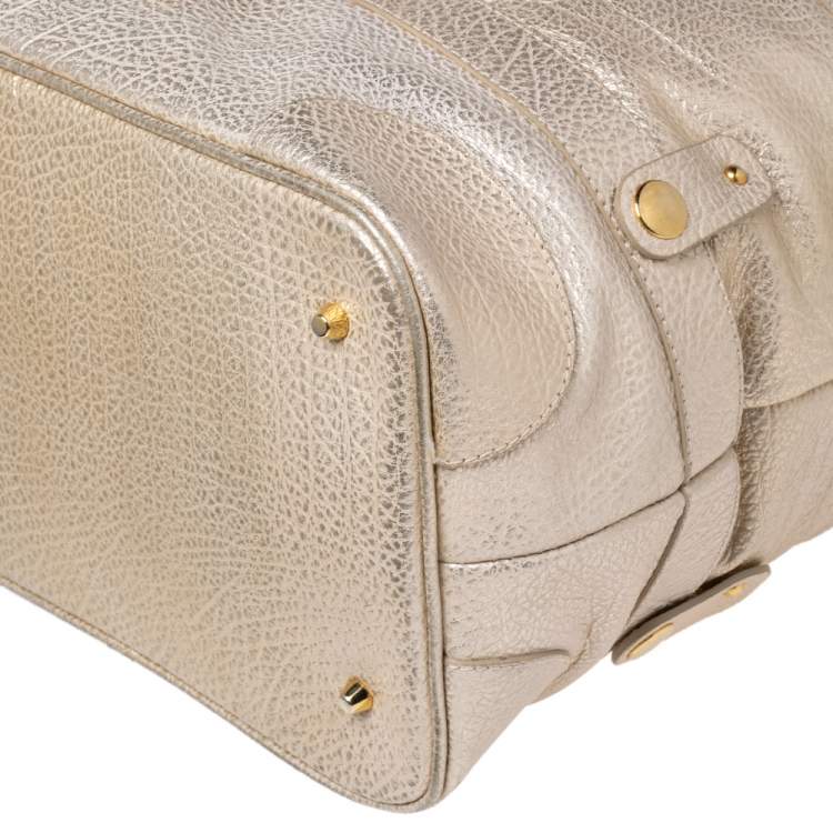 Pre Owned Roberto Cavalli Metallic Cream/Gold Leather Expandable Tote