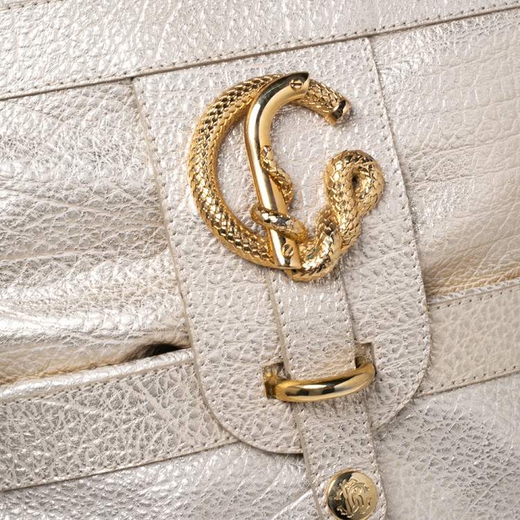 Pre Owned Roberto Cavalli Metallic Cream/Gold Leather Expandable Tote