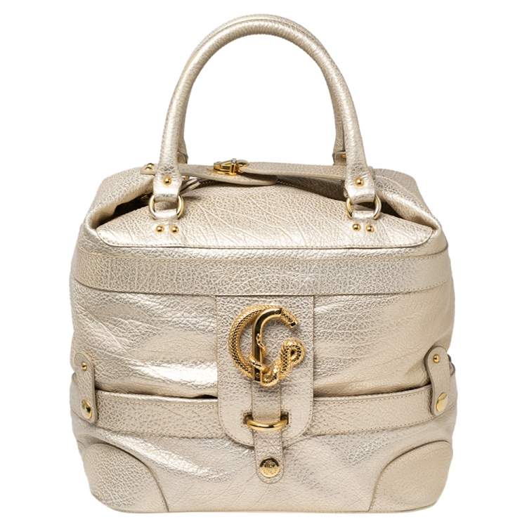 Pre Owned Roberto Cavalli Metallic Cream/Gold Leather Expandable Tote