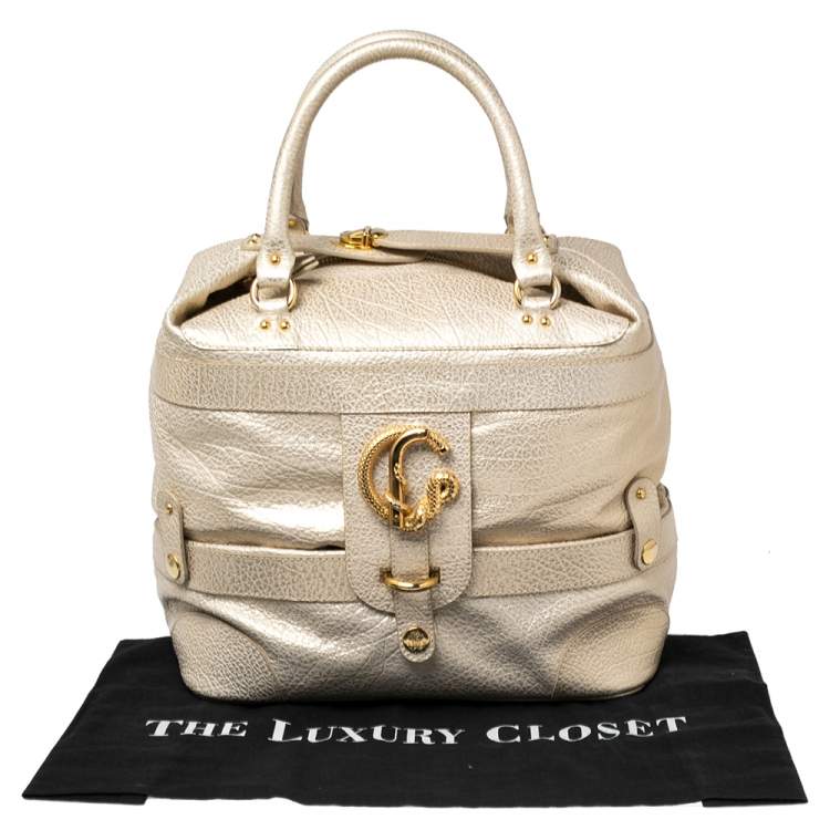 Pre Owned Roberto Cavalli Metallic Cream/Gold Leather Expandable Tote