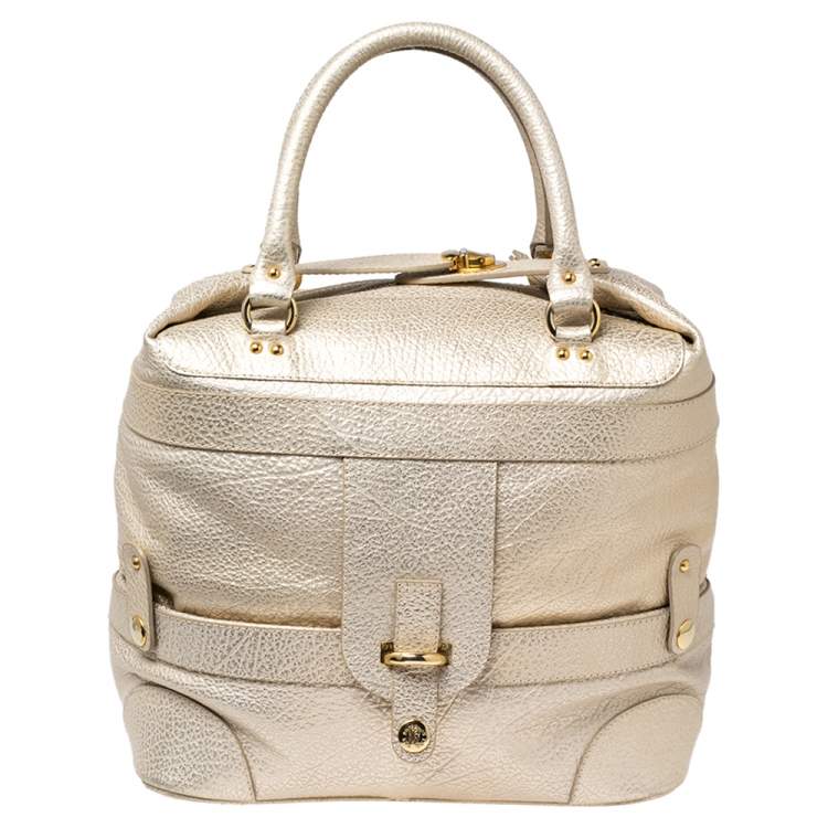Pre Owned Roberto Cavalli Metallic Cream/Gold Leather Expandable Tote