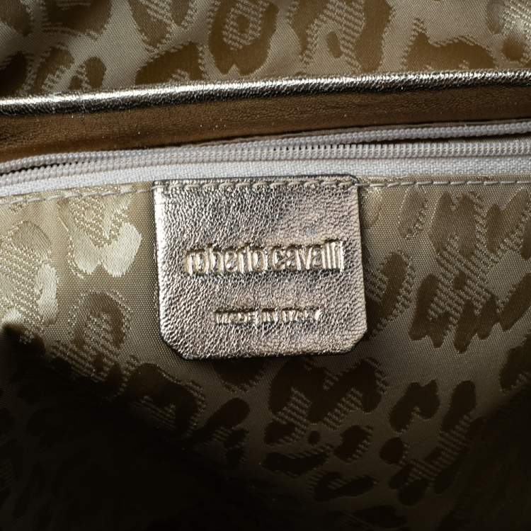 Pre Owned Roberto Cavalli Metallic Cream/Gold Leather Expandable Tote