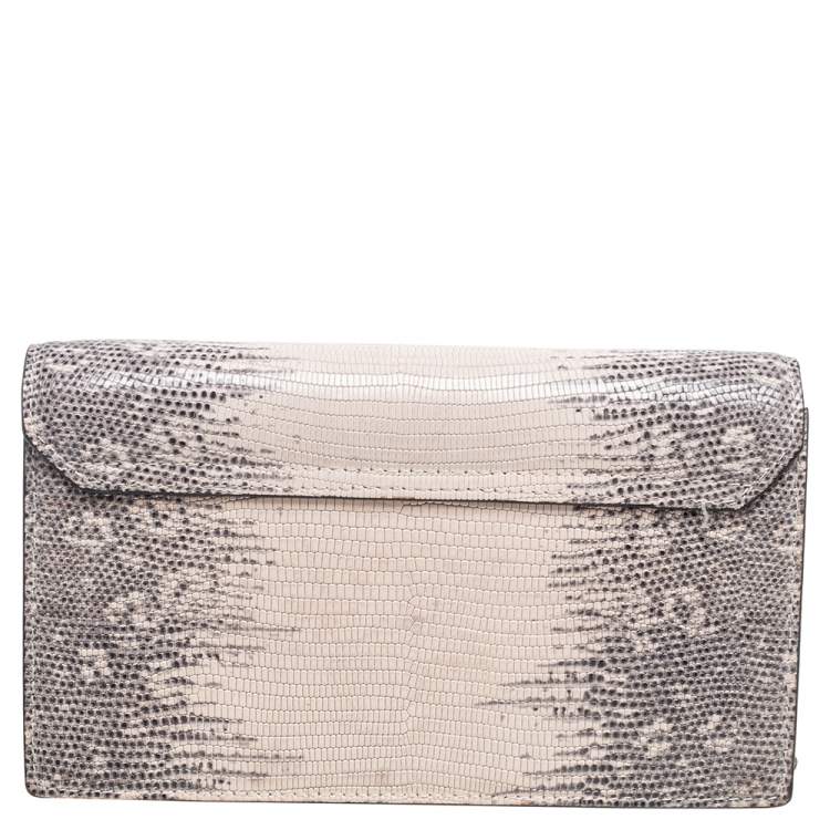 Pre Owned Roberto Cavalli Cream/Grey Python Embossed Leather Chain Clutch