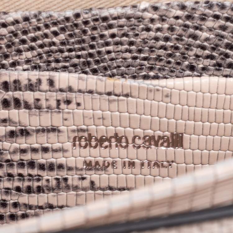 Pre Owned Roberto Cavalli Cream/Grey Python Embossed Leather Chain Clutch