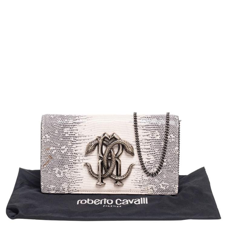 Pre Owned Roberto Cavalli Cream/Grey Python Embossed Leather Chain Clutch