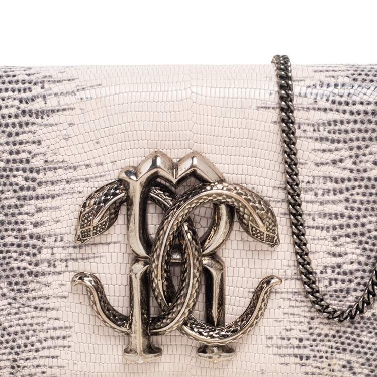 Pre Owned Roberto Cavalli Cream/Grey Python Embossed Leather Chain Clutch