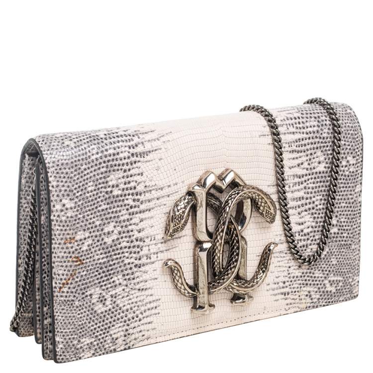 Pre Owned Roberto Cavalli Cream/Grey Python Embossed Leather Chain Clutch
