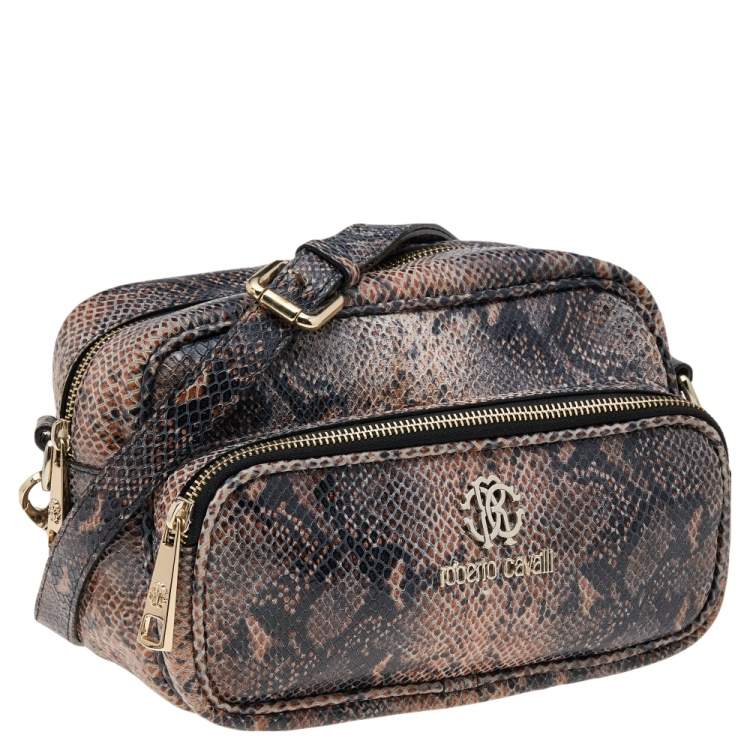 Pre Owned Roberto Cavalli Black/Brown Python Embossed Leather Shoulder Bag