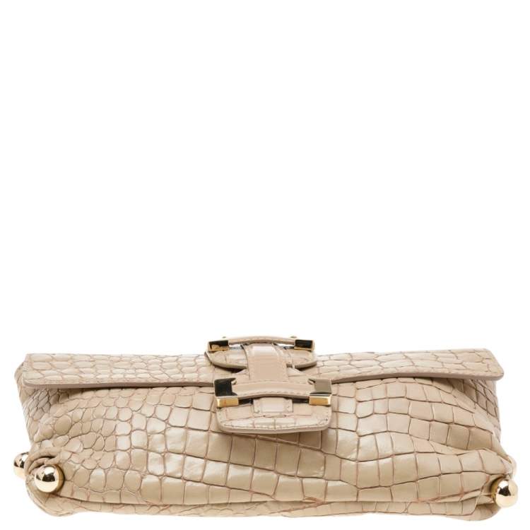 Pre Owned Roberto Cavalli Beige Croc Embossed Leather Clutch