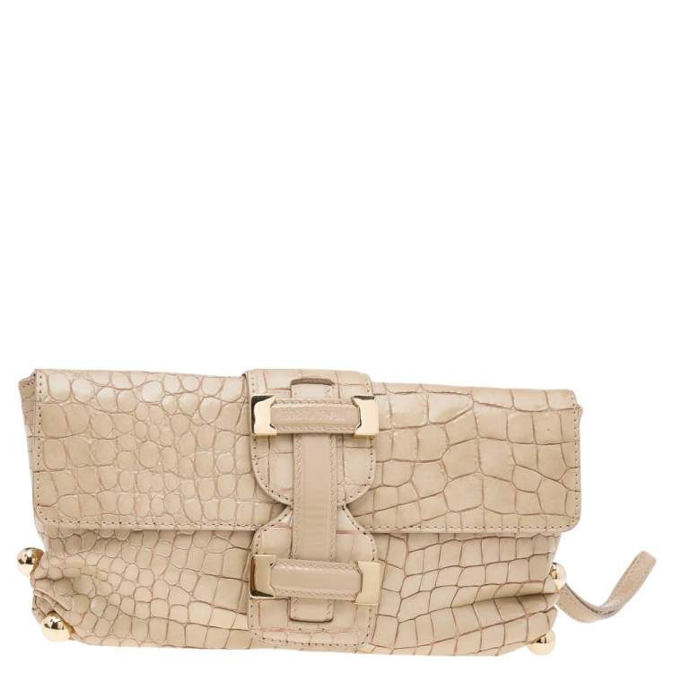 Pre Owned Roberto Cavalli Beige Croc Embossed Leather Clutch