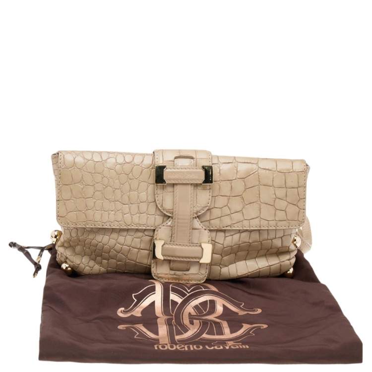 Pre Owned Roberto Cavalli Beige Croc Embossed Leather Clutch