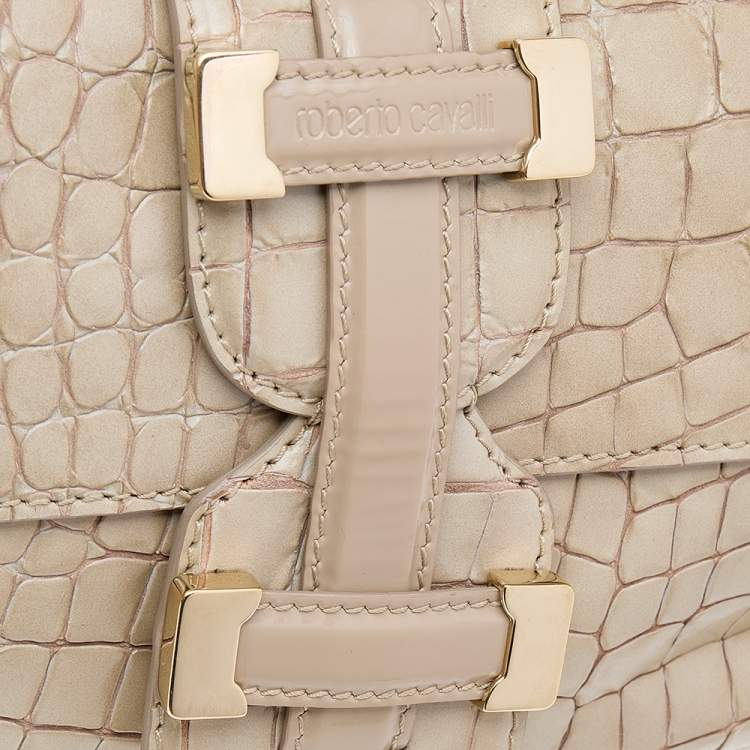 Pre Owned Roberto Cavalli Beige Croc Embossed Leather Clutch