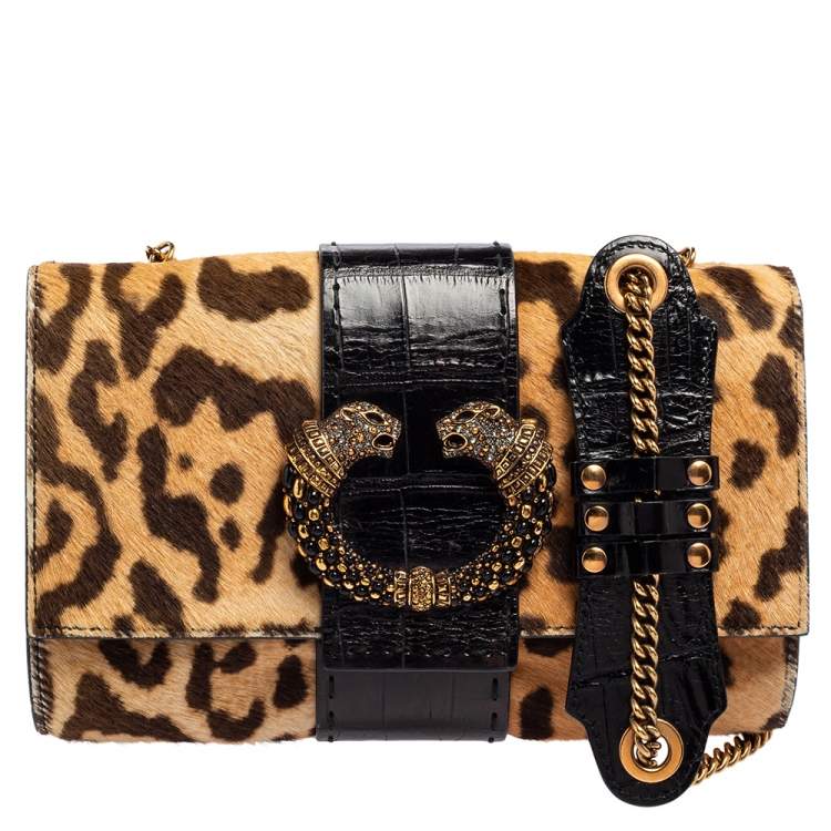 Pre Owned Roberto Cavalli Multicolor Pony Hair Crystal Panther Flap Shoulder Bag