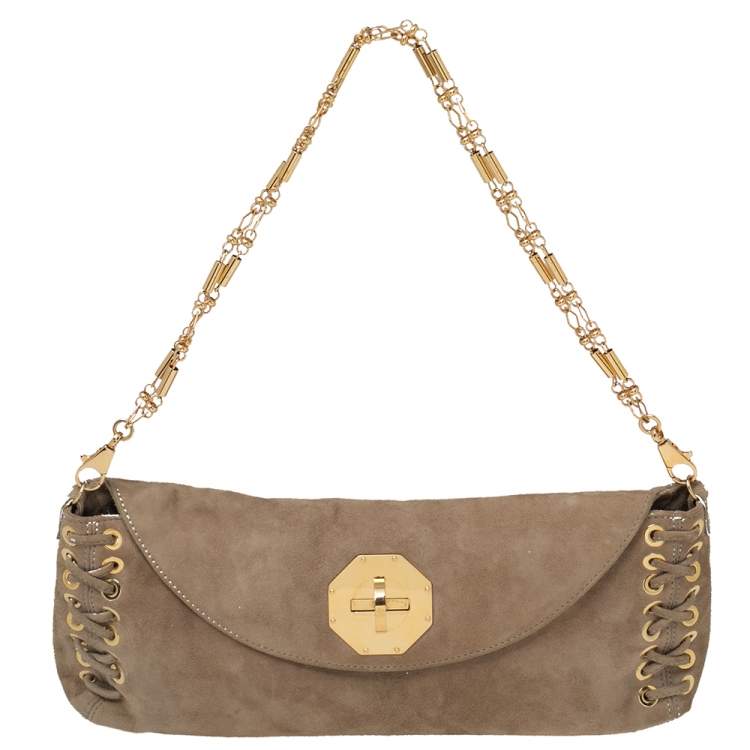 Pre Owned Roberto Cavalli Beige Suede Stitch Detail Turnlock Flap Clutch