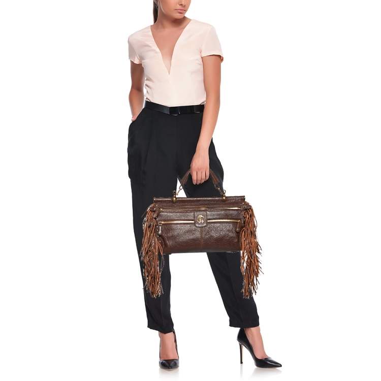 Pre Owned Roberto Cavalli Brown Leather Fringe Multiple Pocket Top Handle Bag