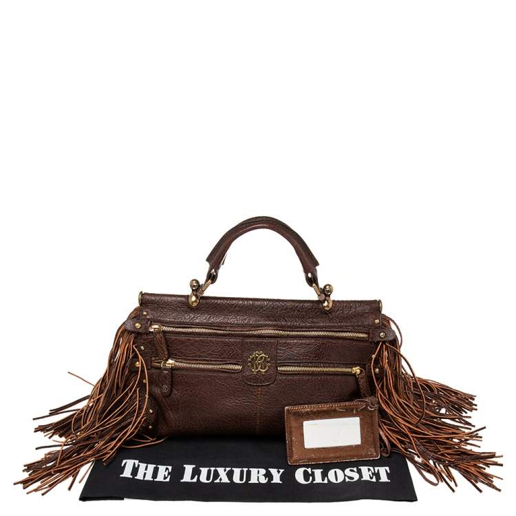 Pre Owned Roberto Cavalli Brown Leather Fringe Multiple Pocket Top Handle Bag