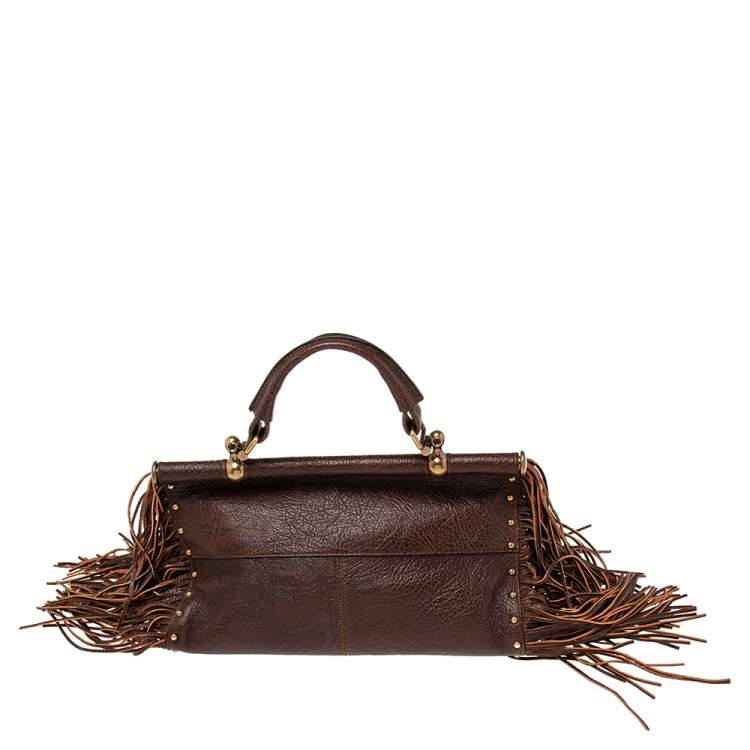 Pre Owned Roberto Cavalli Brown Leather Fringe Multiple Pocket Top Handle Bag