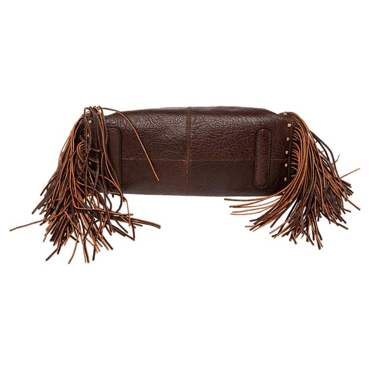 Pre Owned Roberto Cavalli Brown Leather Fringe Multiple Pocket Top Handle Bag