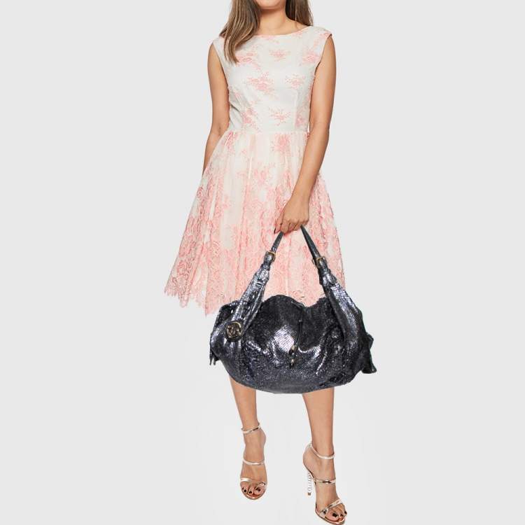Pre Owned Roberto Cavalli Metallic Blue/Black Python Bow Drawstring Hobo