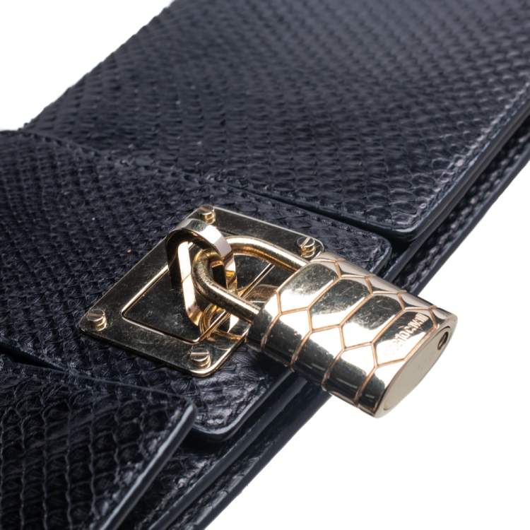 Pre Owned Roberto Cavalli Black Python Padlock Embellished Clutch