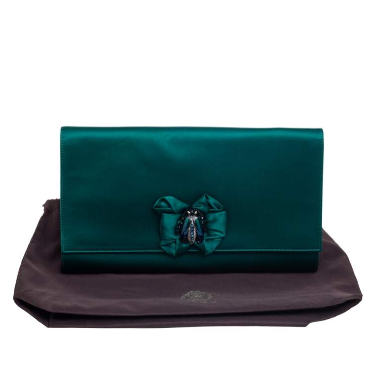Pre Owned Roberto Cavalli Green Satin Bee Embellished Clutch 