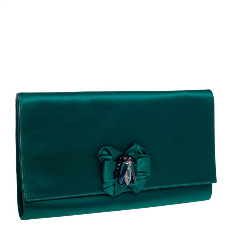 Pre Owned Roberto Cavalli Green Satin Bee Embellished Clutch 