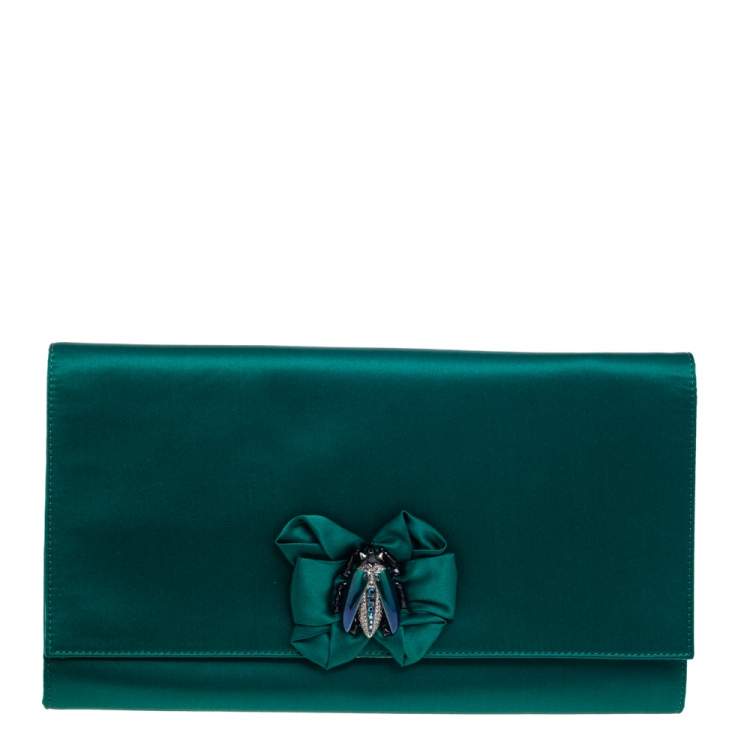 Pre Owned Roberto Cavalli Green Satin Bee Embellished Clutch 