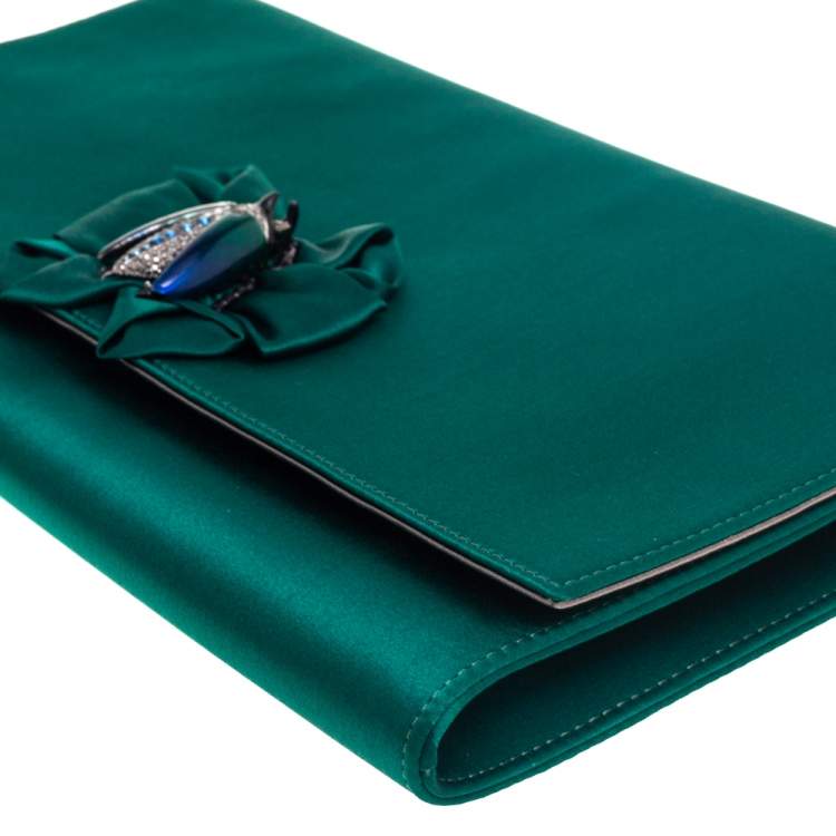 Pre Owned Roberto Cavalli Green Satin Bee Embellished Clutch 