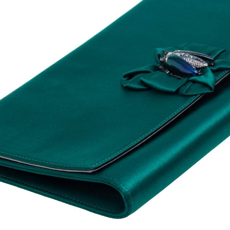 Pre Owned Roberto Cavalli Green Satin Bee Embellished Clutch 