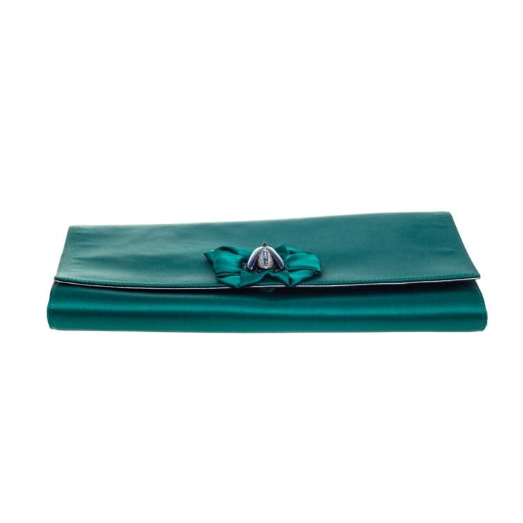 Pre Owned Roberto Cavalli Green Satin Bee Embellished Clutch 