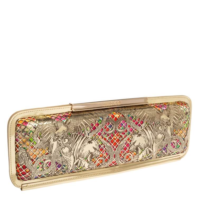 Pre Owned Roberto Cavalli Gold Laser Cut Laminated Leather and Floral Fabric Frame Long Clutch