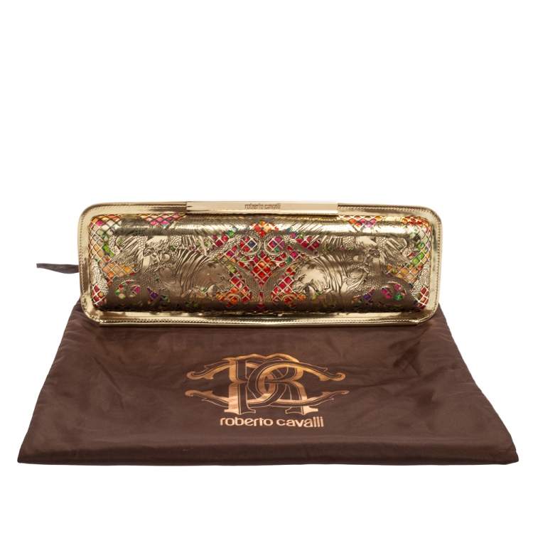 Pre Owned Roberto Cavalli Gold Laser Cut Laminated Leather and Floral Fabric Frame Long Clutch