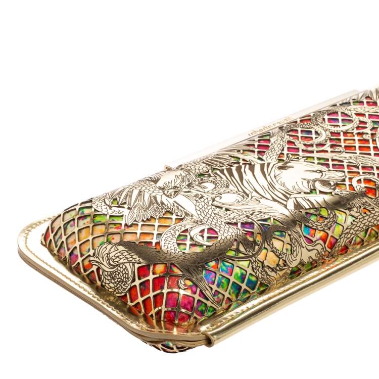 Pre Owned Roberto Cavalli Gold Laser Cut Laminated Leather and Floral Fabric Frame Long Clutch