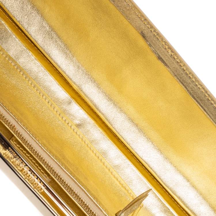 Pre Owned Roberto Cavalli Gold Laser Cut Laminated Leather and Floral Fabric Frame Long Clutch