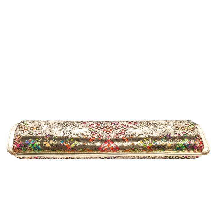 Pre Owned Roberto Cavalli Gold Laser Cut Laminated Leather and Floral Fabric Frame Long Clutch