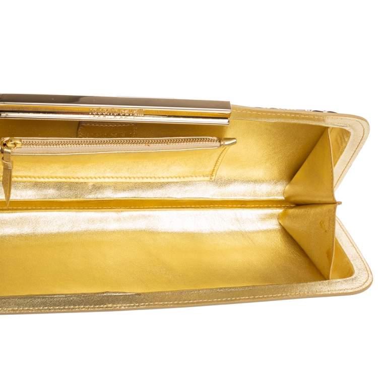 Pre Owned Roberto Cavalli Gold Laser Cut Laminated Leather and Floral Fabric Frame Long Clutch