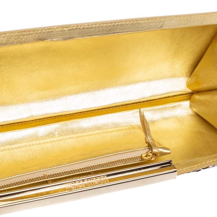 Pre Owned Roberto Cavalli Gold Laser Cut Laminated Leather and Floral Fabric Frame Long Clutch