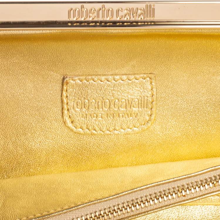 Pre Owned Roberto Cavalli Gold Laser Cut Laminated Leather and Floral Fabric Frame Long Clutch