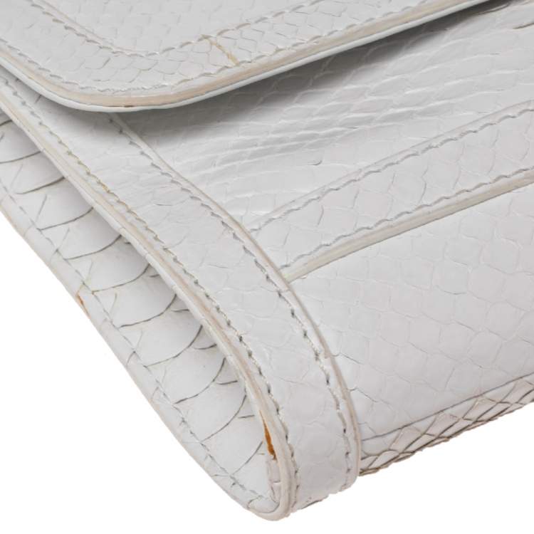 Pre Owned Roberto Cavalli White Python Logo Clutch