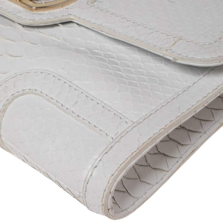 Pre Owned Roberto Cavalli White Python Logo Clutch