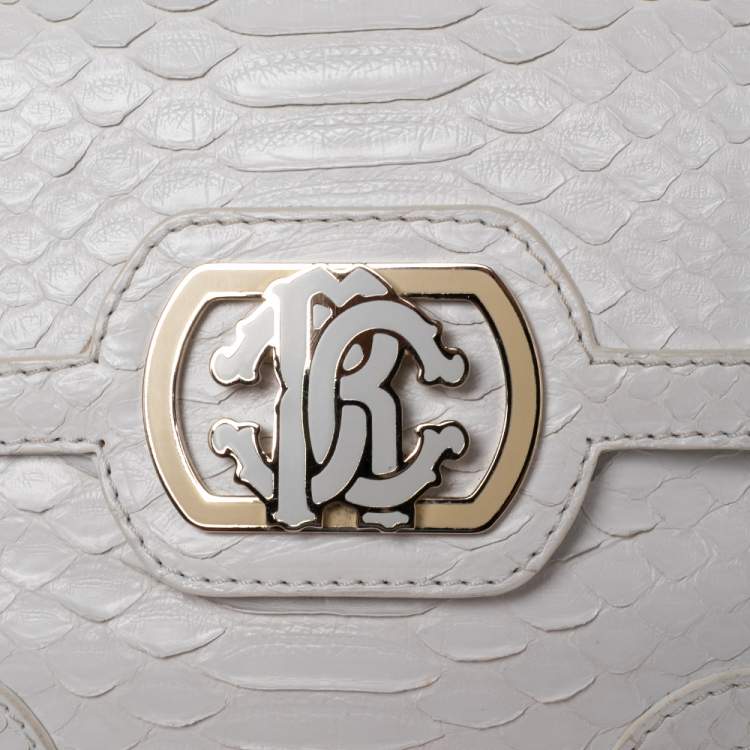 Pre Owned Roberto Cavalli White Python Logo Clutch